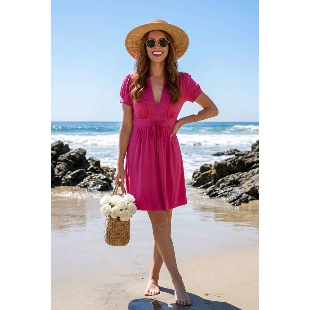 🐞6 Degrees Pink Rayon Blend Deep Vneck Short Sleeve Dress Large